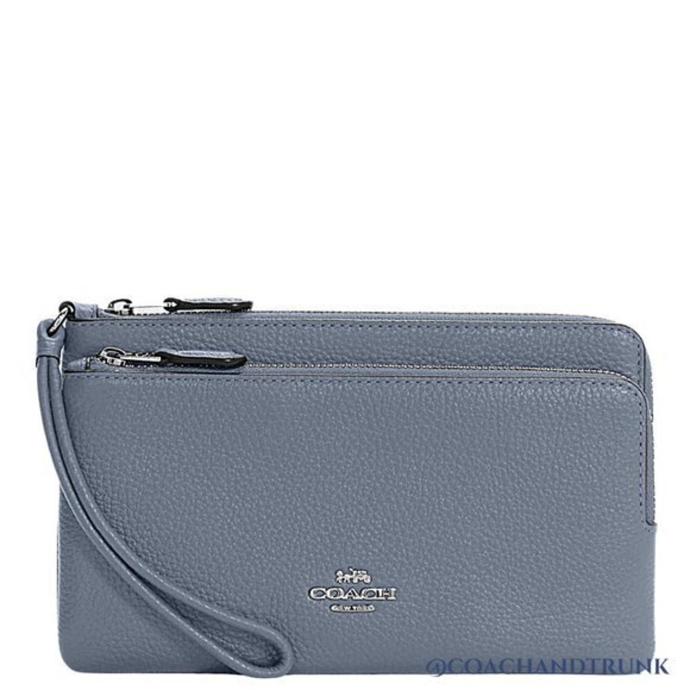 COACH LEATHER 3 PIECE SET Marble Blue Gallery Tote Double Zip Wallet + Card Case - Picture 6 of 12